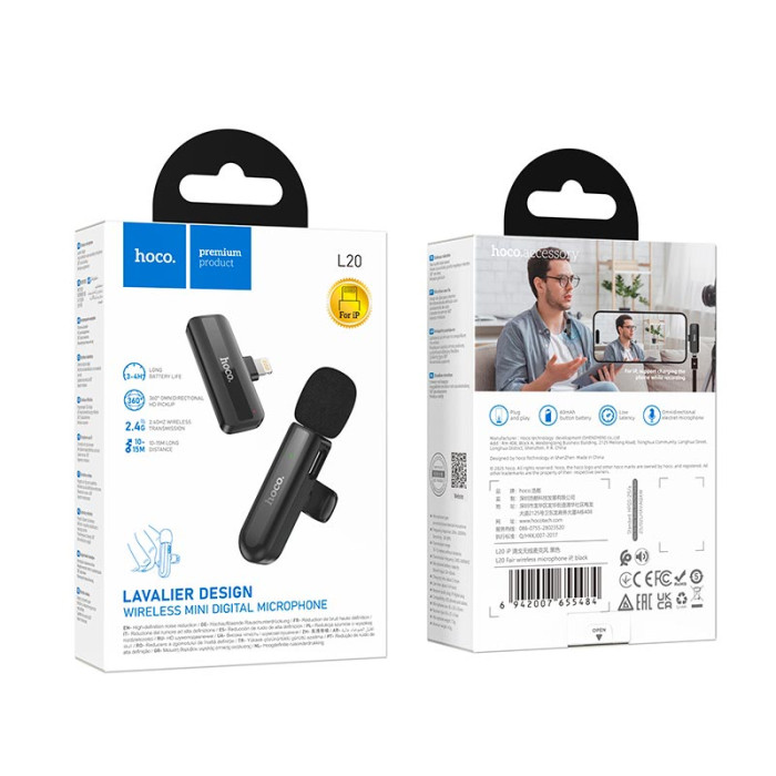 Бездротовий петличний мікрофон HOCO L20 Lightning Black