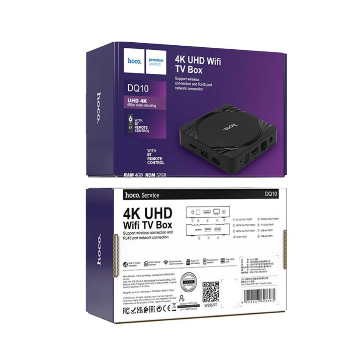 Приставка Android TV HOCO DQ10 WiFi 4GB+32GB, CortexTM-A53, WiFi 2.4g/5g, 4K/60FPS Black
