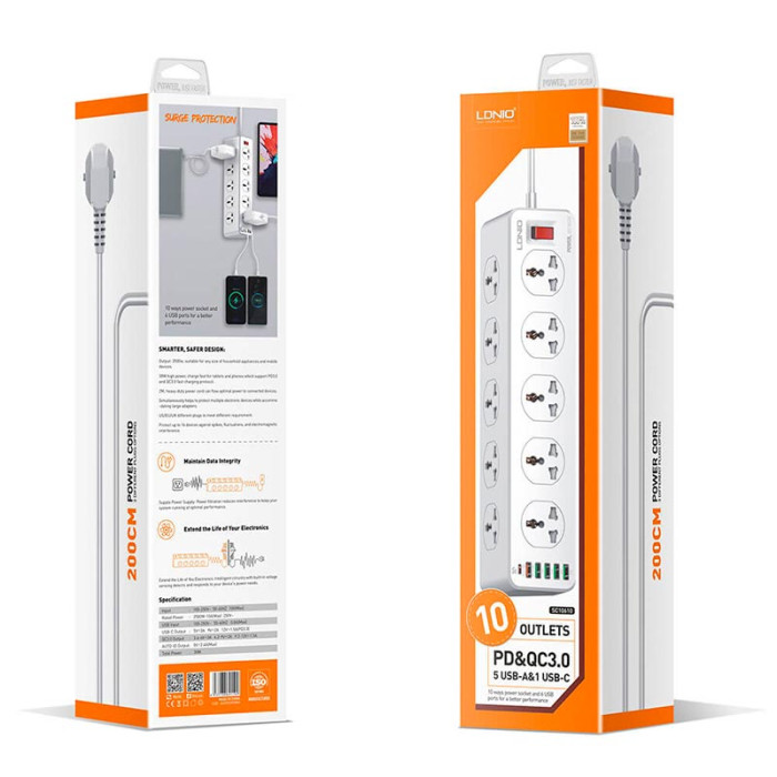 Сетевой фильтр LDNIO SC10610 10x220V5хUSB / 1хType-C, PD / 1QC3.0, 2500W 2 м, White