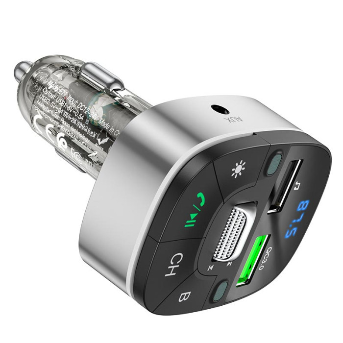 FM модулятор Hoco E71 BT5.0 2USB / AUX / PD / QC / 18W / 3A, Black