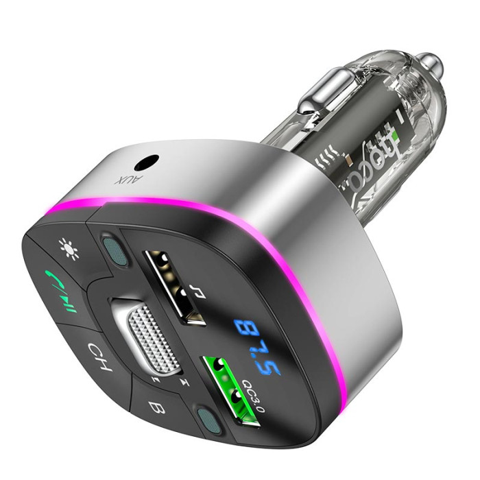 FM модулятор Hoco E71 BT5.0 2USB / AUX / PD / QC / 18W / 3A, Black