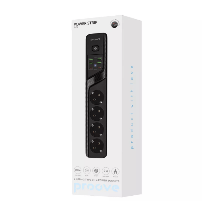 Сетевой фильтр Proove Power Strip P-04 4x220V / 4хUSB / 2хType-C / 2500W 2 м, Black