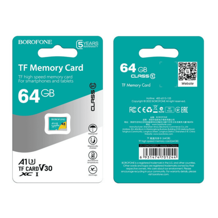 Карта памʼяті Borofone MicroSD на 64GB Class V30 Turquoise