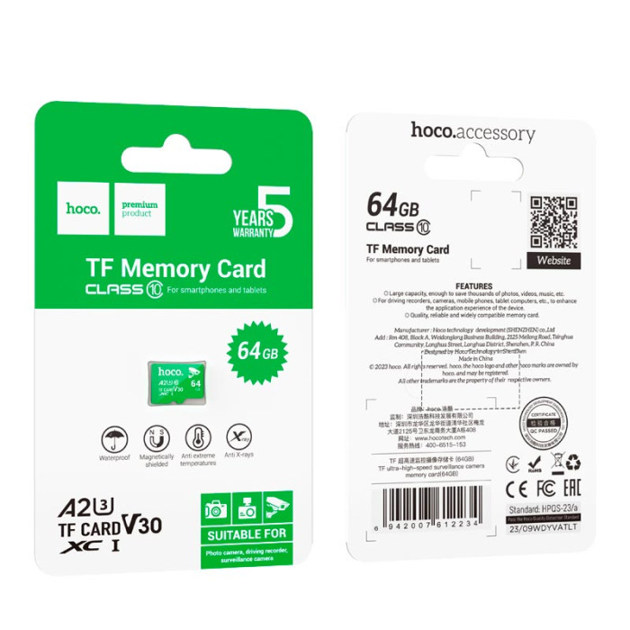 Карта памяти HOCO CL10 MicroSD на 64GB Class V30 Green