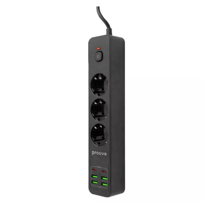 Мережевий фільтр Proove Power Strip P-03 3x220V / 4хUSB / 2хType-C / 2500W 2 м, Black