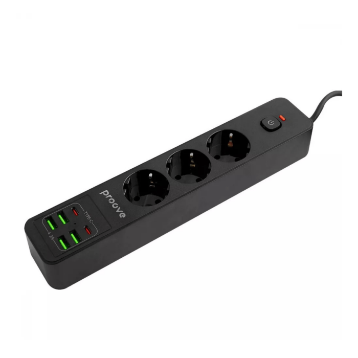 Мережевий фільтр Proove Power Strip P-03 3x220V / 4хUSB / 2хType-C / 2500W 2 м, Black