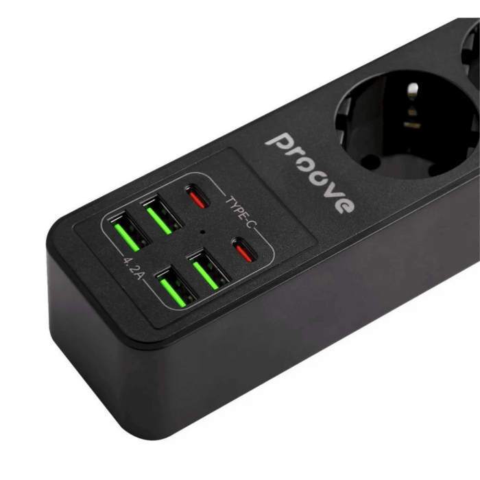 Мережевий фільтр Proove Power Strip P-03 3x220V / 4хUSB / 2хType-C / 2500W 2 м, Black