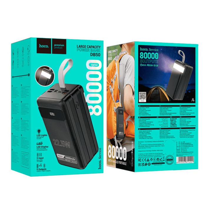 Повербанк HOCO DB50 80000mAh, 2 х Type-C / 4 х USB / 22.5W / 3A, Black
