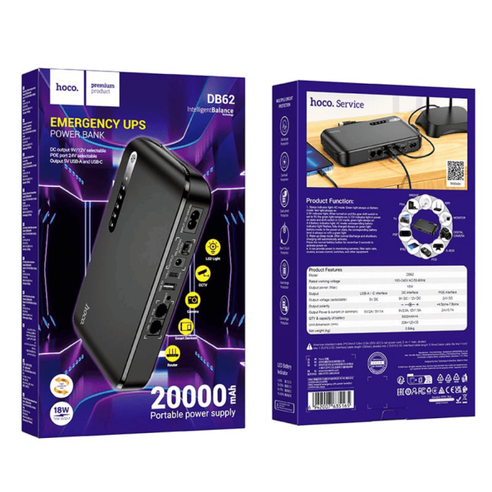 Резервный источник питания для роутеров Hoco DB62 UPS 20000mAh, 5, 9, 12v/USB/Type-C/18W/LAN/POE, Black