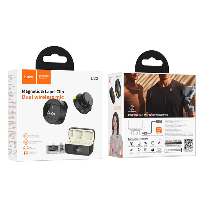 Бездротовий петличний мікрофон 2 шт HOCO L22 Type-C/Lightning Black