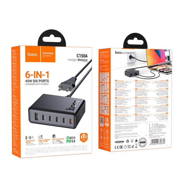 Зарядное устройство 6 в 1 HOCO C150A 1 х USB / 5 х Type-C, PD/QC, 45W/3A, Black