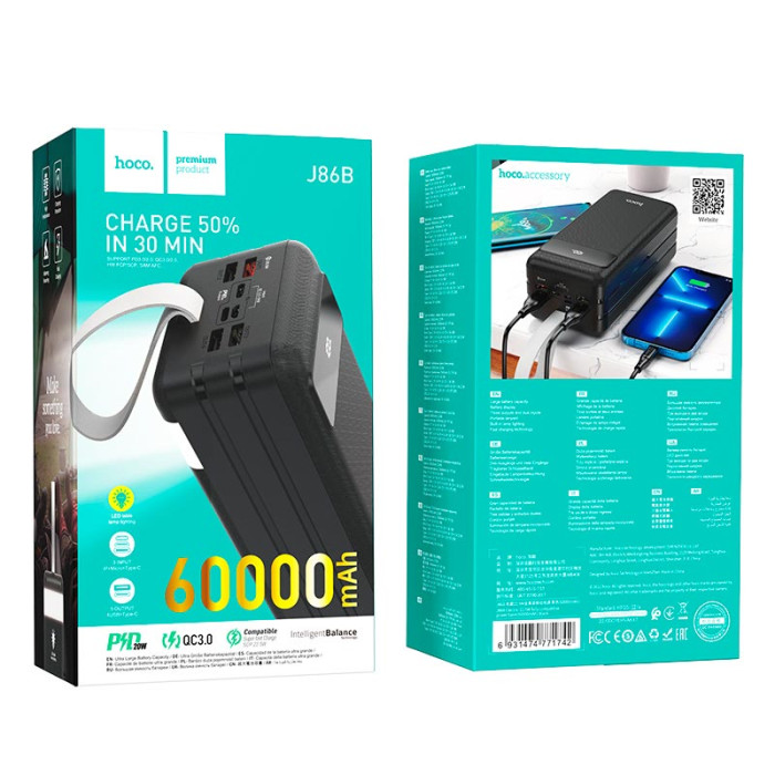Повербанк Hoco J86B 60000mAh,  Lightning / Type-C / Micro USB / 4 х USB / 20W / 5A, Black