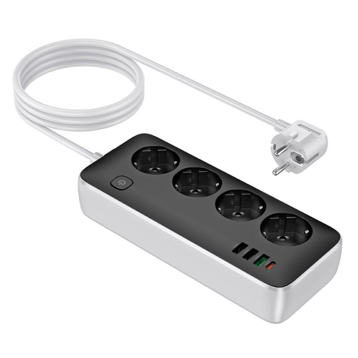 Мережевий фільтр Hoco AC22 4x220V / 3хUSB / 1хType-C / 2500W 3 м, Black
