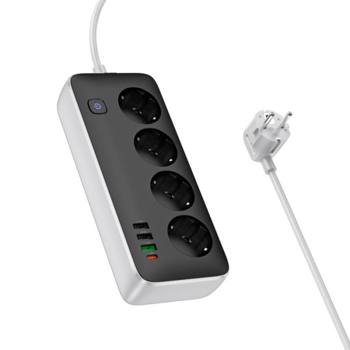 Мережевий фільтр Hoco AC22 4x220V / 3хUSB / 1хType-C / 2500W 3 м, Black