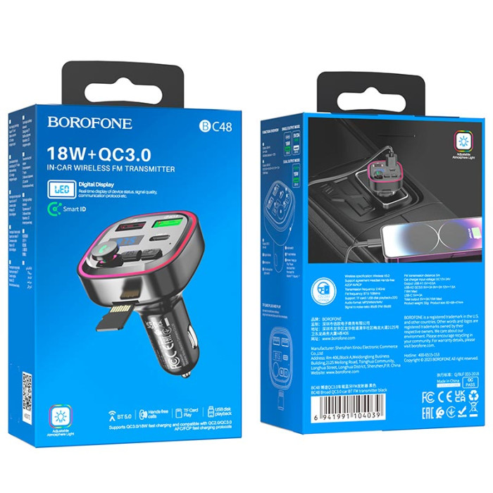 FM модулятор BOROFONE BC48 2USB / 1Type-C / PD / QC / 18W / 3A, BT5.0 Black