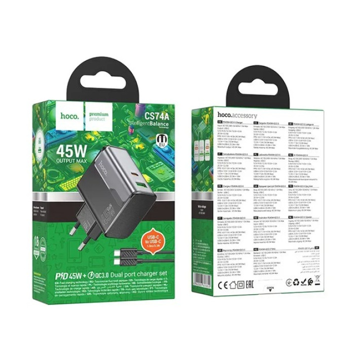 Кабель и блочок Hoco CS74A Type-C to Type-C 45W 1m Black