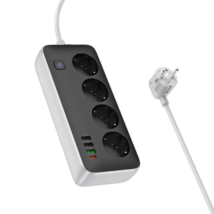 Мережевий фільтр Hoco AC22 4x220V / 3хUSB / 1хType-C / 2500W 1.5 м, Black