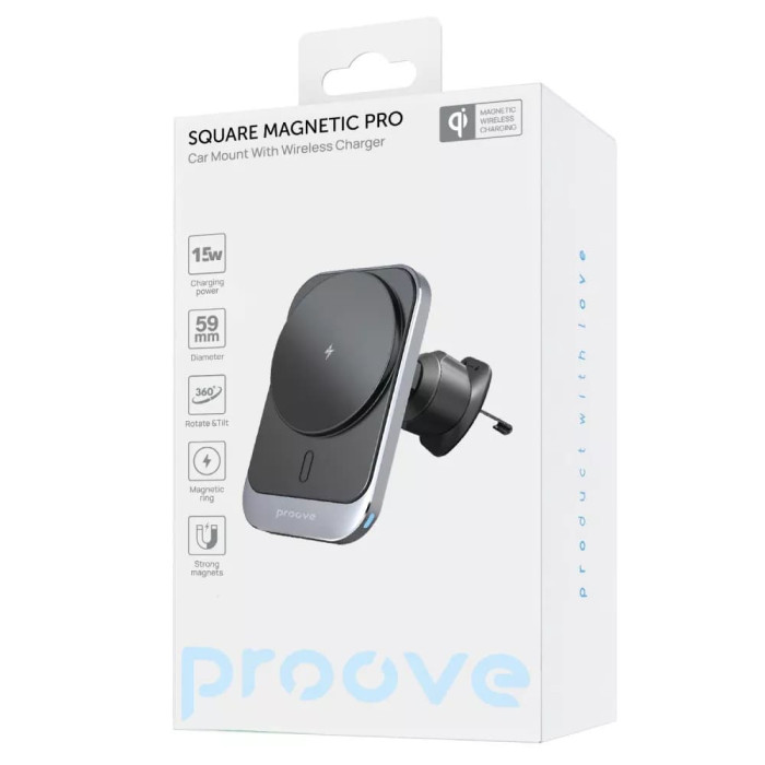 Автомобильный держатель с беспроводной зарядкой Proove Square Magnetic Pro 15W Metal Grey