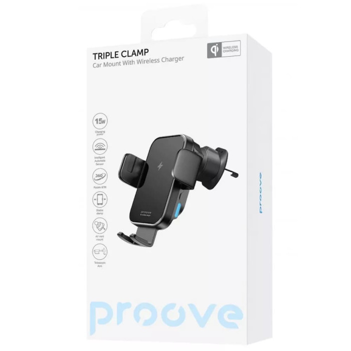 Автомобільний тримач з бездротовою зарядкою Proove Triple Clamp 15W Black