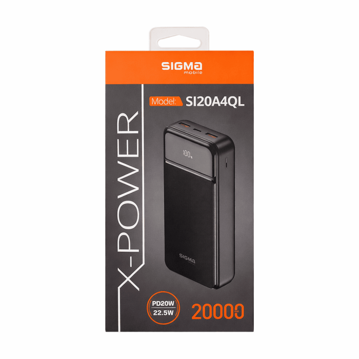 Повербанк Sigma mobile X-power SI20A4QL 20000mAh, Type-C / 2 х USB / 22.5W / 3A, Black