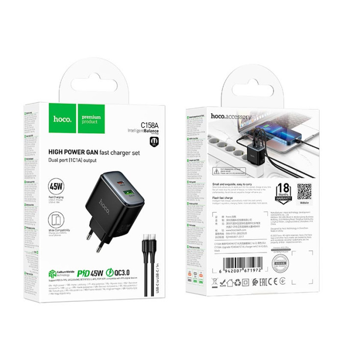 Кабель и блочок Hoco C158A Type-C to Type-C 45W 1m Black