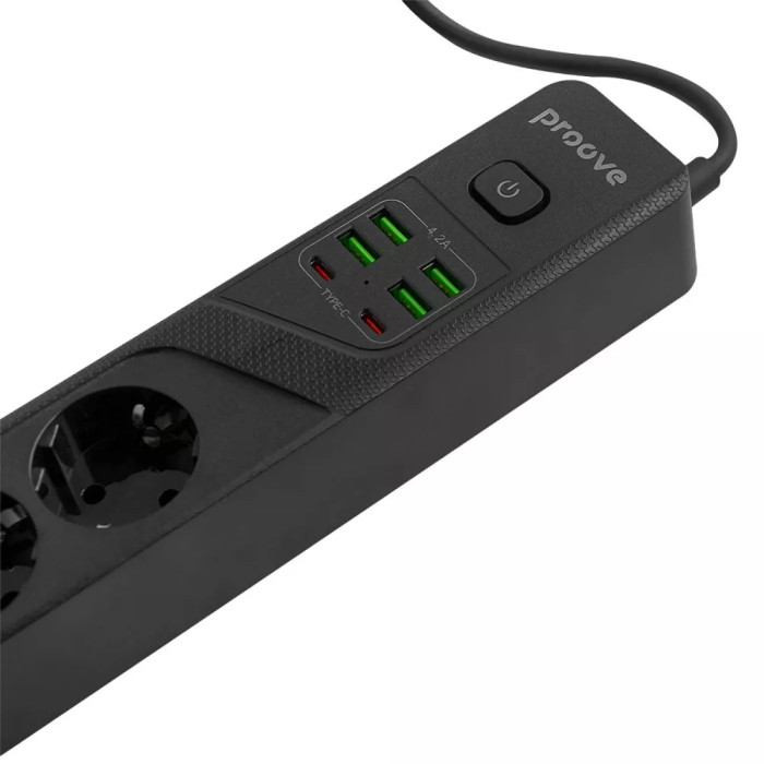 Мережевий фільтр Proove Power Strip P-04  4x220V / 4хUSB / 2хType-C / 2500W 3 м, Black