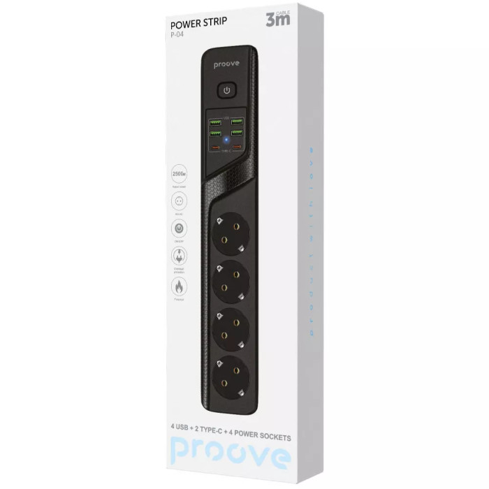 Мережевий фільтр Proove Power Strip P-04  4x220V / 4хUSB / 2хType-C / 2500W 3 м, Black