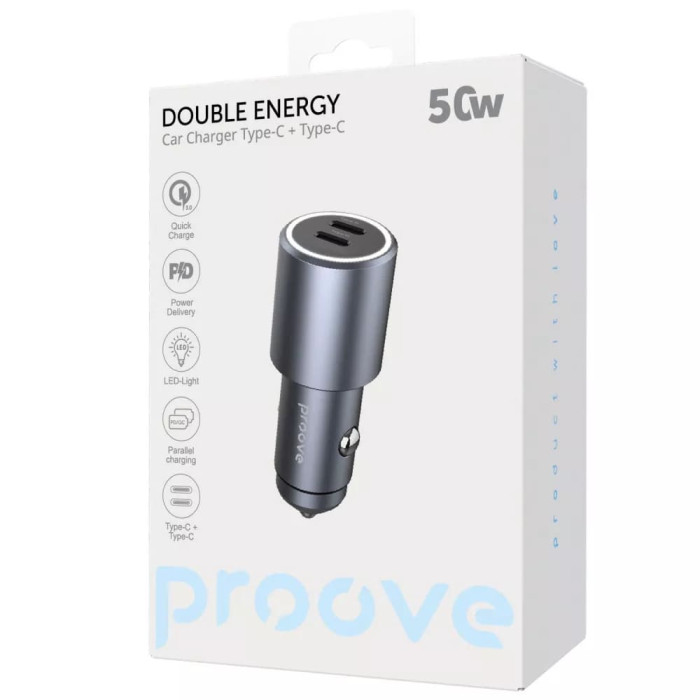 Адаптер автомобильный Proove Double Energy 2 х Type-C / 50W Grey