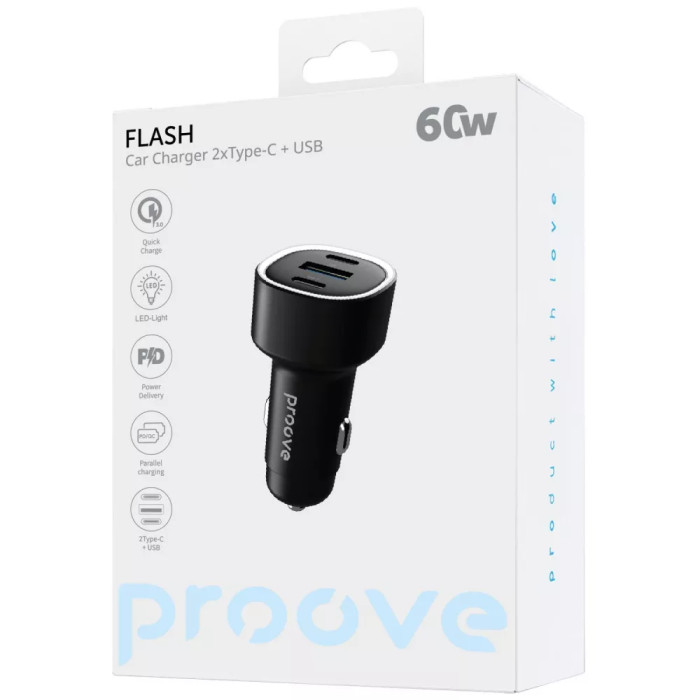 Адаптер автомобільний Proove Flash 2 х Type-C / USB / 60W Black