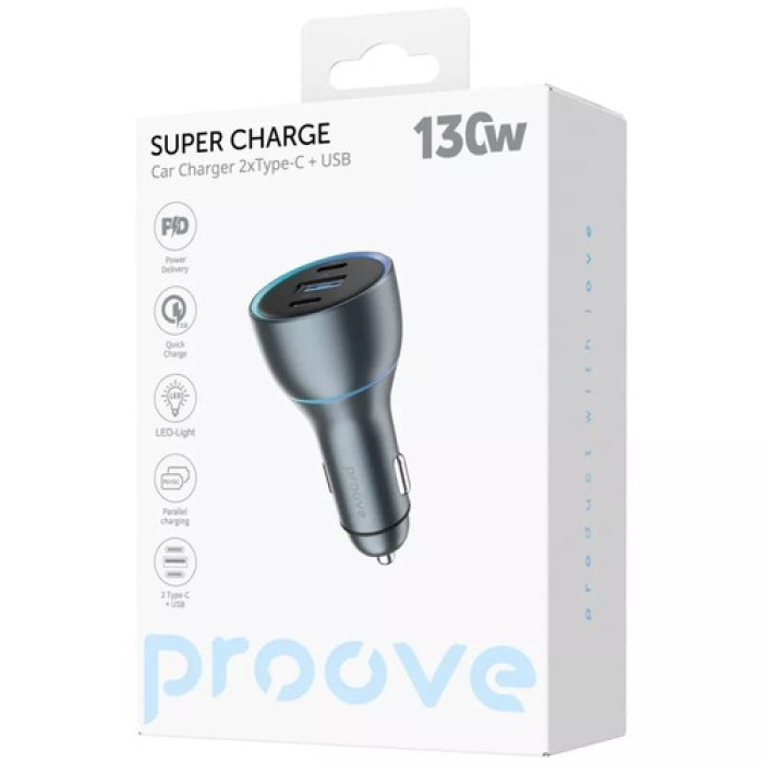 Адаптер автомобильный Proove Super Charge 2 х Type-C / USB / 130W Grey