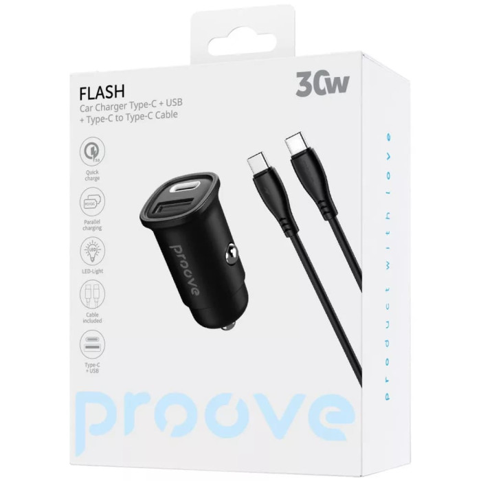 Адаптер автомобільний та кабель Proove Flash Type-C / USB / 30W Black